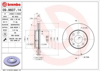 Brembo 09.9607.14 тормозной диск на OPEL KADETT E Combo (38_, 48_)