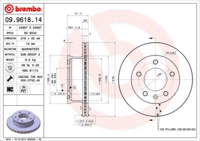 BREMBO Диск тормозной Mercedes Benz SPRINTER 2-t c бортовой платформой/ходовая часть (901, 902) 208 CDI (09.9618.14)