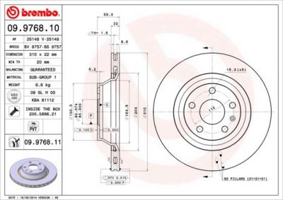 BREMBO Диск тормозной вент. задний AUDI TT quattro (II) ( 06->) R (8J0615601A, 09.9768.11)