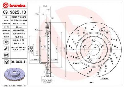 BREMBO Диск тормозной MERCEDES-BENZ SL 500 (R230) (10.01->) F / (заменен на 09.9825.11) (230 421 05 12, 09.9825.10)