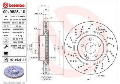 BREMBO Диск тормозной MERCEDES-BENZ SL 500 (R230) (10.01->) F / крашенные (вместо 09.9825.10) (2304210512, 09.9825.11)