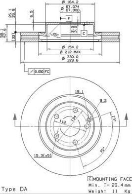 BREMBO Диск тормозной пер MB W211/C219 02-> крашенные (вместо 09.9825.20) (2114210912, 09.9825.21)