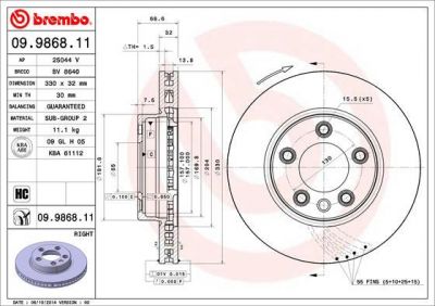 BREMBO Диск тормозной VOLKSWAGEN TOUAREG 03>/PORCHE CAYENNE 03> R17 передний прав.вент. (955 351 402 41, 09.9868.11)