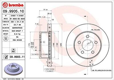 BREMBO Диск тормозной вент. передний JEEP WRANGLER II (TJ) (08/96-) F (5016434AA, 09.9905.10)
