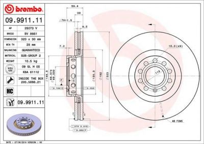 BREMBO Диск тормозной вент. передний VW PHAETON (3D2) (04/02-) F (4D0 615 301 J, 09.9911.11)