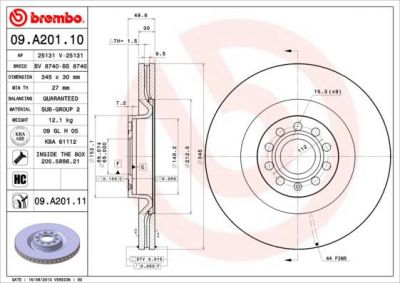 BREMBO Диск тормозной AUDI A3 quattro (II) 3.2i V6 24V (03->) F (1K0615301AB, 09.A201.10)