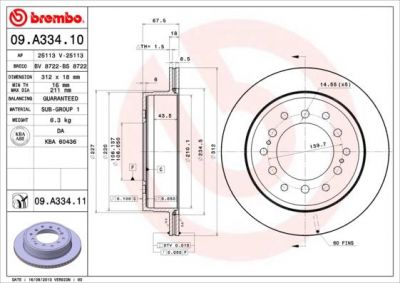 BREMBO Диск тормозной задний вентилир. TOYOTA Land Cruiser 3,0D-4D/4,0 01.03; 3,0TD/3,4i 93-96/96- крашенные (вместо 09.A334.10) (4243160201, 09.A334.11)