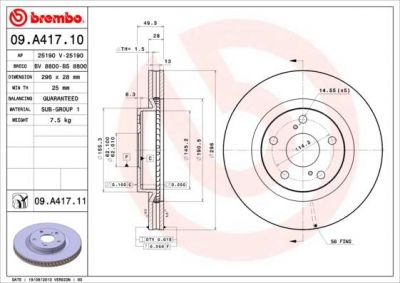 BREMBO Диск тормозной передний вентилируемый(296x28mm) TOYOTA CAMRY(V40) (4351242050, 09.A417.10)