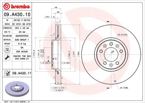 BREMBO 09.A430.11_диск торм.пер.!с покрытием Citroen Jumpy, Peugeot Experti,Fiat Scudo 1.6HDi/2.0D/HDi 07> (09A43011)