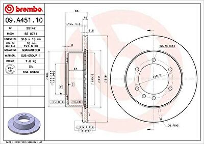 BREMBO Диск тормозной вент. задний NISSAN PATROL GR II (Y61) (06/97-) R (4320605J04, 09.A451.10)