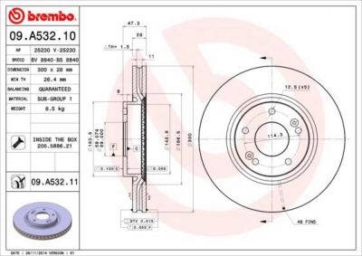 BREMBO 09.A532.11_диск тормозной перед.! с покрытием Hyundai ix35/Sonata/Tucson, KIA Sportage 2.0-3.3 04> (09A53211)