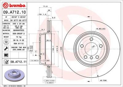 BREMBO Диск тормозной зад. 7 (E65,E66) крашенные (вместо 09.A712.10) (34216765889, 09.A712.11)