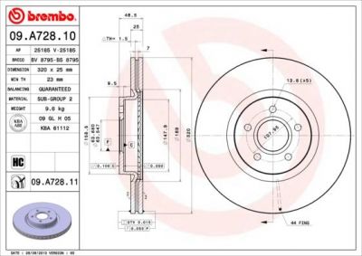 BREMBO Диск тормозной вент. передний VOLVO V50 (MW) (04/04-) F (заменен на 09.A728.11) (1323560, 09.A728.10)