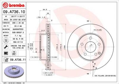 BREMBO Диск тормозной вент. передний MERCEDES-BENZ C CLASS T-Model (S204) (08/07-) F крашенные (вместо 09.A736.10) (2044210012, 09.A736.11)