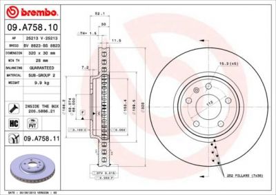 BREMBO Диск тормозной вент. передний AUDI Q5 (8R) ( 8.09->) F (8K0615301A, 09.A758.11)
