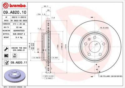BREMBO Диск тормозной вент. передний AUDI A4 (8K2) ( 9.08->) F (8K0615301, 09.A820.10)