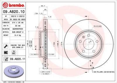 BREMBO Диск тормозной вент. передний AUDI A4 (8K2) ( 9.08->) F (8K0615301, 09.A820.11)