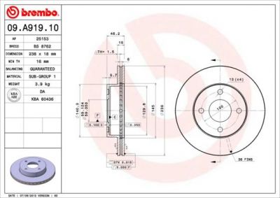 Brembo 09.A919.10 тормозной диск на NISSAN MICRA II (K11)