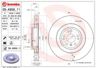 Brembo 09.A958.11 Диск тормозной MERCEDES ML W166 передний вент. D=350мм