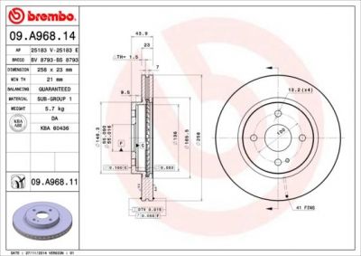 BREMBO Диск тормозной вент. передний MAZDA 2 (DE) (10/07-) F (DF71-33-251, 09.A968.14)