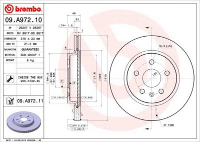 BREMBO Диск тормозной вент. передний SAAB 9-5 (YS3G) ( 5.10->) R (13502199, 09.A972.10)