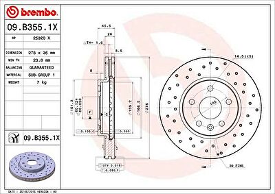 Brembo 09.B355.1X тормозной диск на OPEL ASTRA J Sports Tourer