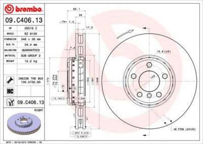 BREMBO 09.C406.13_диск тормозной передний! правый F01/F07/F10/F11 2.0-3.0i/D 10> (09C40613)