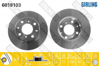 GIRLING Диск тормозной HONDA CIVIC 83-91/ROVER 200 85-89 передний D=231мм. (6018103)