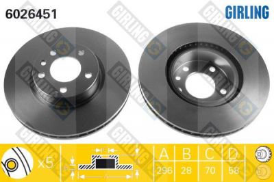 GIRLING Диск тормозной OPEL OMEGA A 87-94/OMEGA B 94-03/SENATOR B 87-93 передний D=296мм (569044, 6026451)