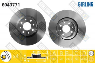 GIRLING Диск тормозной перед. FIAT Stilo/Bravo 1,4-1,9L 07-> (281x26mm) (46535086, 6043771)