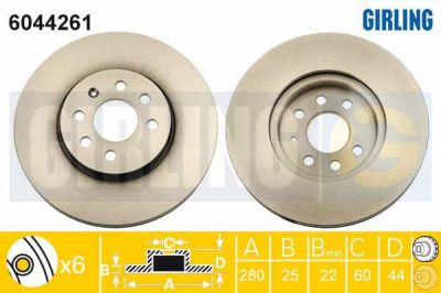 GIRLING Диск тормозной перед. OPEL Astra H/Meriva 1,3-1,8L 04-> (280X25mm) (569006, 6044261)