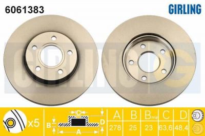 Girling 6061383 Диск тормозной FORD FOCUS II/III/C-MAX 03-/VOLVO S40 04- передний вент.D=278мм.