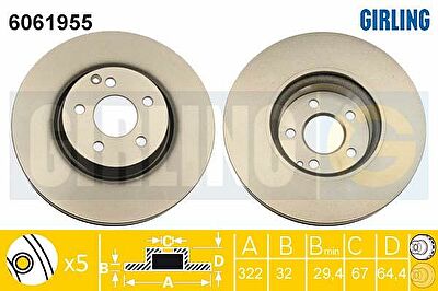 Girling 6061955 Диск тормозной MERCEDES W204 07-/W212 09- передний D=322мм.