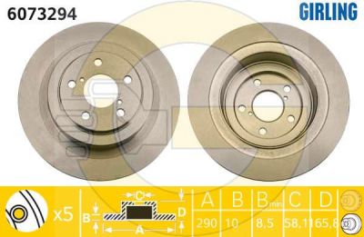 Girling 6073294 Диск тормозной SUBARU FORESTER 97-/LEGACY 98-03/OUTBACK 00-09 задний D=290мм.