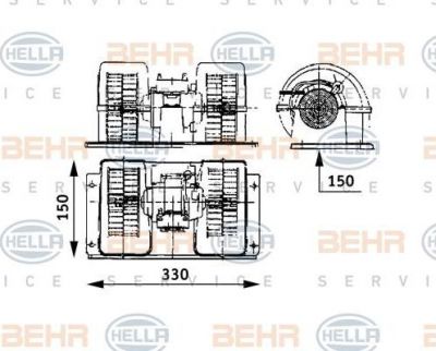 HELLA Моторчик печки в сборе с кожухом и вентилятором 330x150 RVI (8EW009157-481)