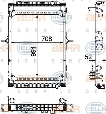 HELLA радиатор системы охлаждения 991x708x52 RVI Premium 05--> (8MK376745-151)