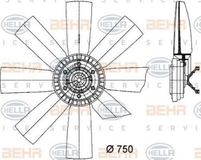 HELLA Вентилятор радиатора 6 лопастей, на широкий радиатор VOLVO FH12/16 (8MV376731-301)