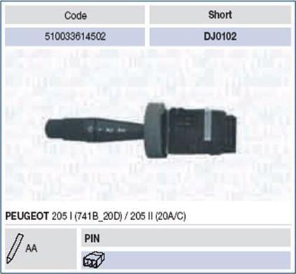 Magneti Marelli 510033614502 выключатель на колонке рулевого управления на PEUGEOT 205 II (20A/C)