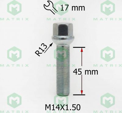 Матрикс 184177 Болт M14X1.50X45 Хром Сфера с выступом ключ 17 мм 184177