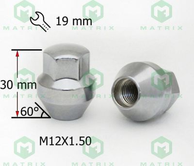 Матрикс 342145 Гайка Cr M12x1.50 Конус 30 мм закрытая (цельная) 19 мм