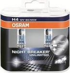 OSRAM Комплект галогенных лампH4 60/55W 12V P43T NIGHT BREAKER UNLIMITED (На 110% больше света на дороге, на 20% белее свет, на 40м длиннее световой конус) (64193NBU-HCB)