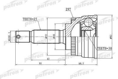 PATRON ШРУС наружный с кольцом ABS 25x50x30 ABS:29T HYUNDAI COUPE [AQ] 96-, ELANTRA [AK] 95- (PCV1721)