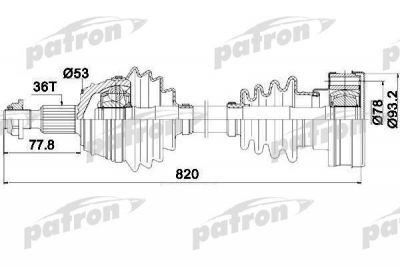 PATRON Полуось правая 36x822x53 SEAT: LEON 99-, TOLEDO II 99-06, SKODA: OCTAVIA 96-, OCTAVIA COMBI 98-, VW: GOLF IV 97-05 (PDS0083)