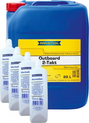 RAVENOL 4627097091214 Набор Outboardoel 2T teilsynth. (20л) + Marinefett (0,08 кг)*4