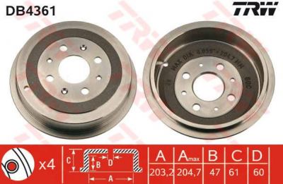 TRW DB4361 Барабан тормозной OPEL Corsa D 06->/FIAT Punto 09-> (55701379)