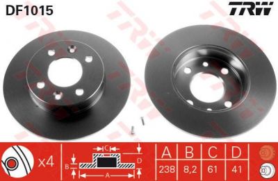 TRW DF1015 Диск тормозной перед. не вент. RENALT Twingo 93-> (238x8,2mm) 7700716947 (7701716947)