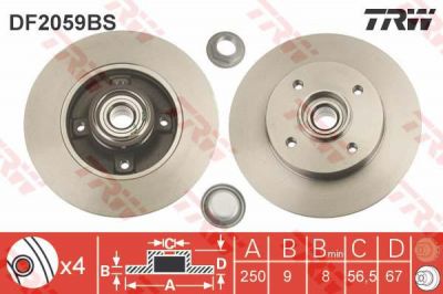 TRW DF2059BS Диск тормозной зад. Citroen C3/C4 1.4-1.6 04- с подш.и кольц.ABS (424932)