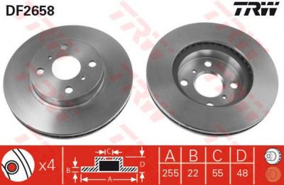 TRW DF2658 Диск торм.передний TOYOTA COROLLA E10 07 92 - 04 97 255x22mm (4351212550)