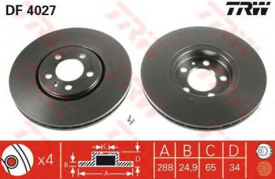 TRW DF4027 Диск тормозной перед. VAG A3/Polo/Fabia/Golf IV/Bora/Octavia 1,2-2,3L 97-> (288X25mm)(Geomed D) (1J0615301)