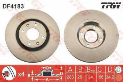 TRW DF4183 Диск тормозной перед. PSA C3 C4 C5 XSARA Berlingo 207 307 308 Partner 98-> 283X26mm (4246W2)